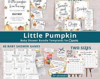 Paquete editable de calabaza para baby shower: invitación, letreros, juegos, menú y más. Género neutro, n.° 100