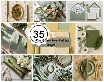 35 Sage & Olive Green Flat lay Stock Photos Bundle: Wedding Bundle