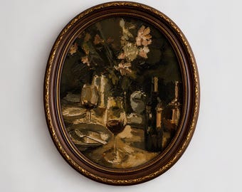 Natura morta con tavolo da vino e fiori, scena di cena, atmosfera elegante e suggestiva, stile inizio XX secolo, download digitale stampabile.