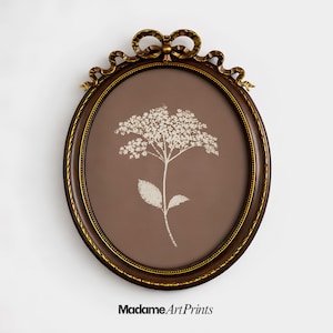 May include: An oval framed print featuring a white floral design on a brown background. The frame is dark brown with gold accents and a decorative bow at the top. The text "Madame Art Prints" is at the bottom.