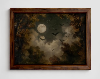 May include: A framed landscape art print depicting a night scene with a full moon, dark clouds, and silhouettes of flying bats surrounded by dense, dark trees. The artwork is enclosed in a dark brown wooden frame with a rectangular orientation.