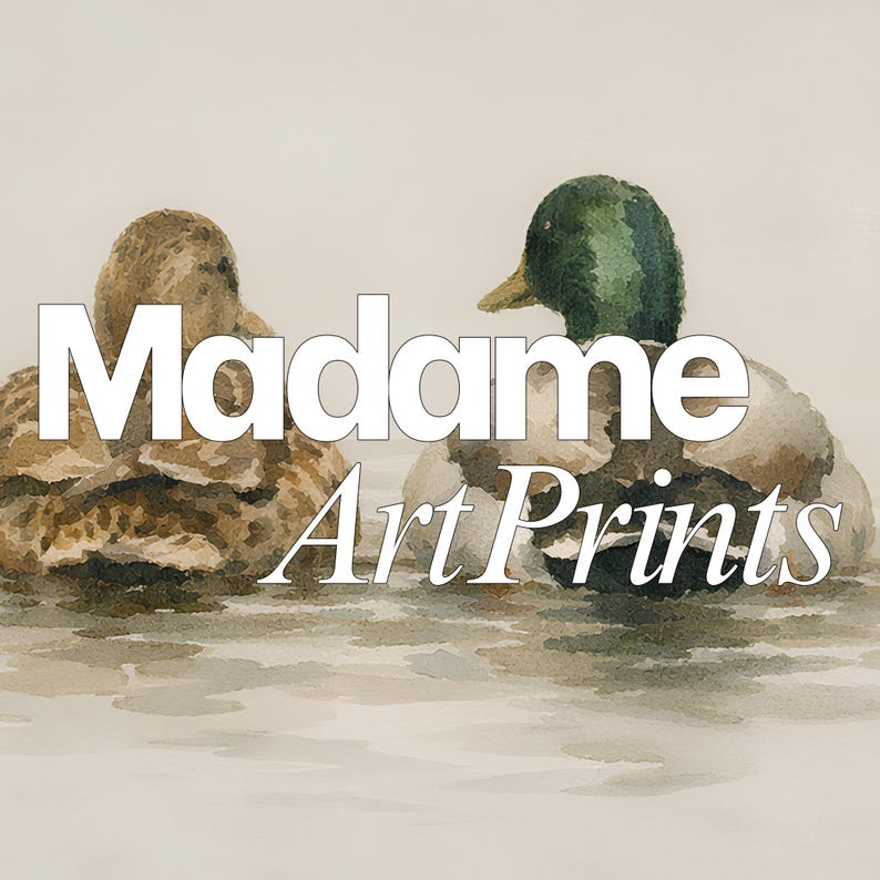 Pu&ograve; includere: Dipinto ad acquerello di due anatre che galleggiano sull'acqua. Una ha la testa verde e l'altra &egrave; marrone. Il testo "Madame Art Prints" &egrave; sovrapposto all'immagine in bianco.