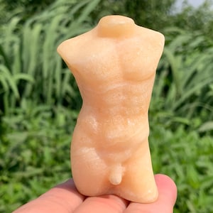 Peut inclure: Une sculpture de torse en pierre de couleur pêche. La sculpture représente une forme masculine, avec une musculature définie et des détails anatomiques. La sculpture est tenue dans une main sur un fond vert flou.