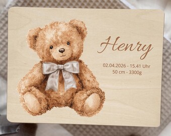 Personalized Baby Memory Box with Teddy Bear Design, Pine Wood, Custom Baptism Gift