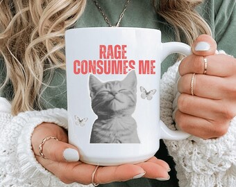 Rage Consumes Me Cat Meme Mug, Ceramic Coffee Cup, Gift For Colleague