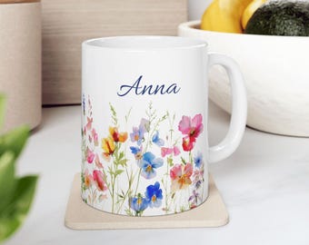 Customizable Mug, Watercolor Wildflower Coffee Cup, Plant Lover Gift