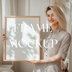 Frame Mockup With Person DIN A 11x14 Ratio, Thin Wood Frame Mockup Blonde Woman, Frame Mockup Home Interior, PSD Photoshop Mockup