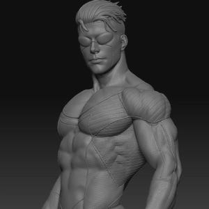 Puede incluir: Modelo 3D en escala de grises de una figura musculosa, posiblemente un superh&eacute;roe o dise&ntilde;o de personaje. La figura tiene un f&iacute;sico detallado, con m&uacute;sculos definidos y un traje texturizado. La cara presenta gafas estilizadas y una expresi&oacute;n enfocada.