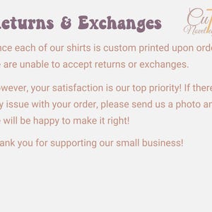 May include: A light beige background with text in a mix of purple and light brown fonts. The text reads "Returns & Exchanges" and details the shop's policy on returns and exchanges for custom-printed shirts. The shop's logo is in the upper right corner.