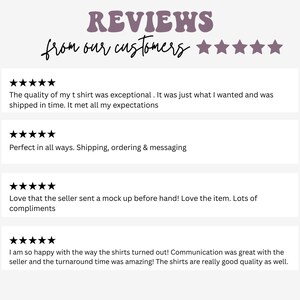 May include: A customer review graphic featuring the text REVIEWS from our customers in a purple font, followed by five purple stars. Below are four separate white rectangular blocks, each containing five black stars and a written customer review.