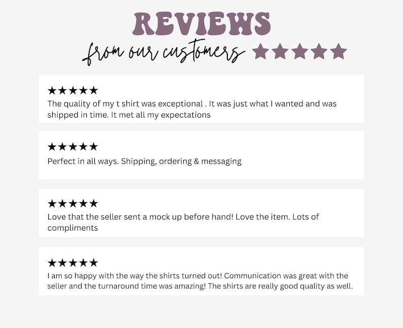 May include: A customer review graphic featuring the text REVIEWS from our customers in a purple font, followed by five purple stars. Below are four separate white rectangular blocks, each containing five black stars and a written customer review.