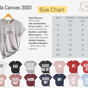 May include: A light gray Bella Canvas 3001 t-shirt hangs on a wooden hanger, with measurements labeled for width and length. A size chart lists sizes XS to 3XL, with widths from 16.5 to 28 inches and lengths from 27 to 33 inches. Various t-shirt colors are displayed.