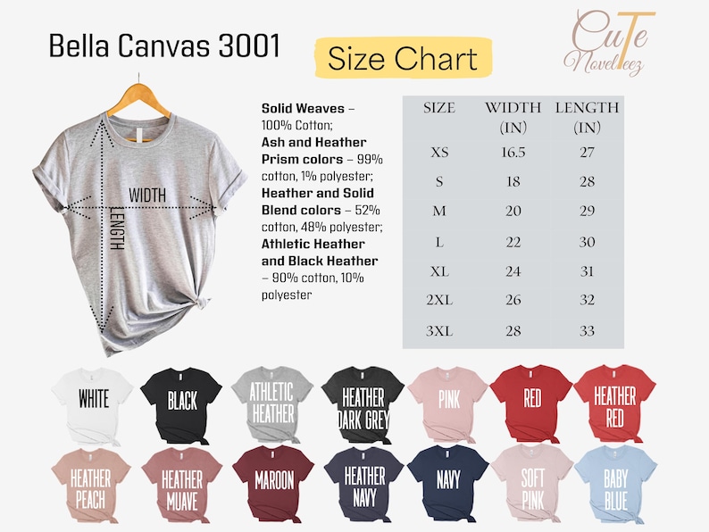 May include: A light gray Bella Canvas 3001 t-shirt hangs on a wooden hanger, with measurements labeled for width and length. A size chart lists sizes XS to 3XL, with widths from 16.5 to 28 inches and lengths from 27 to 33 inches. Various t-shirt colors are displayed.