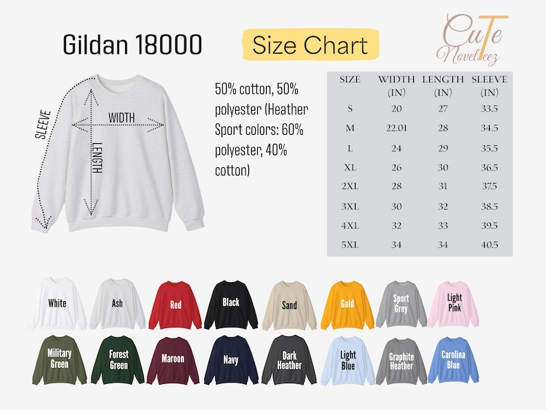 May include: A white Gildan 18000 sweatshirt with a size chart and color options. The size chart shows measurements in inches for width, length, and sleeve length. Available colors include white, ash, red, black, and more.