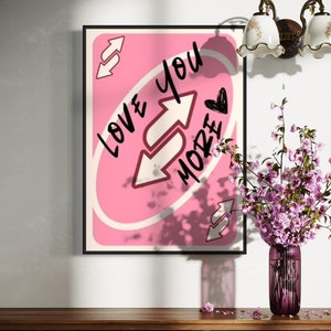Toile Love You More carte inversée Uno - Affiche rose girly - Tableau romantique - Tableau d'amour  - Tableau rose