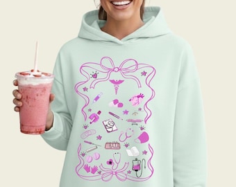 Pack design minimaliste, thème médical et infirmier, produit numérique, t-shirt, sweat-shirt à capuche, sac fourre-tout, affiche, autocollant, emballage Libbey, coquette.