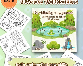 Puede incluir: Un cuaderno de trabajo para niños titulado "My Coloring Playground" con una escena de estanque y una rana. Hojas de ejercicios con imágenes de un bolso, zapatos y patrones de tela rodean el libro. El texto "Color and Learn Practice Worksheets" está en la parte superior.