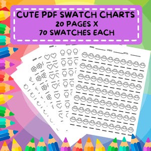 Könnte beinhalten: Ein Stapel weißer PDF-Farbfeldtabellen mit schwarzen Strichzeichnungen von Herzen, Blumen und Hüten. Die Tabellen tragen die Aufschrift "CUTE PDF SWATCH CHARTS" und enthalten 20 Seiten mit je 70 Farbfeldern. Der Hintergrund ist farbenfroh.