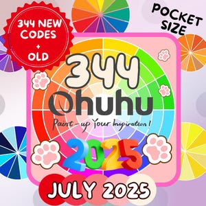 Pode incluir: Um gráfico colorido com o texto "344 Ohuhu" com uma paleta de cores do arco-íris, pegadas e a frase "Paint-up Your Inspiration!" A imagem também inclui "2025" e "Julho 2025". As palavras "Pocket Size" também são visíveis.