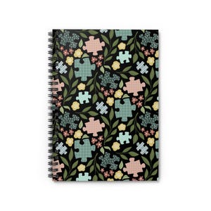 Pieceful Garden | Ruled Line Spiral Notebook | Front Cover Print | Black | Puzzle Notebook, Puzzle Journal