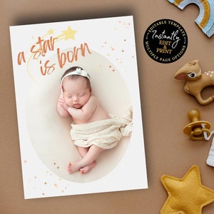 Modelo de cartão de foto para anúncio de novo bebê | Cartão de bebê "A Star is Born" | Cartão de foto engraçado para anúncio de nascimento | Cartão de bebê minimalista moderno