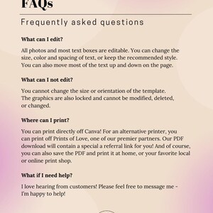 Op de afbeelding: Een digitale FAQ-sheet met een roze en beige gradi&euml;nt achtergrond. De tekst bevat "FAQs" en "Veelgestelde vragen". De sheet beantwoordt vragen over bewerken, afdrukken en hulp.