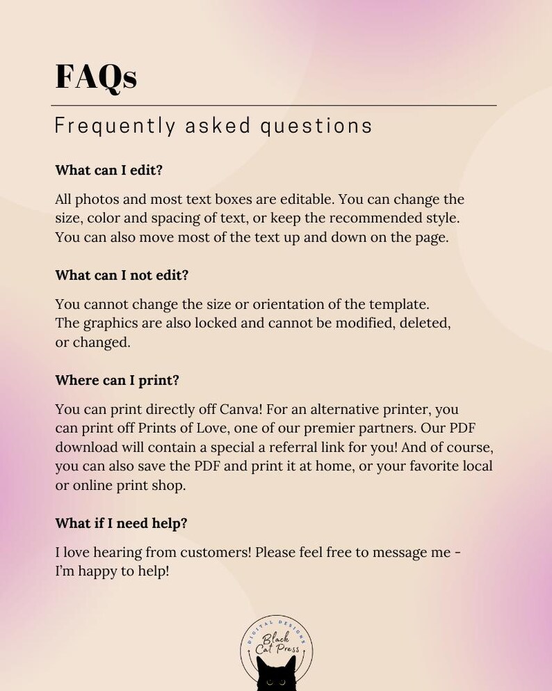 Op de afbeelding: Een digitale FAQ-sheet met een roze en beige gradi&euml;nt achtergrond. De tekst bevat "FAQs" en "Veelgestelde vragen". De sheet beantwoordt vragen over bewerken, afdrukken en hulp.