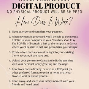 Op de afbeelding: Een digitale productlijst met de tekst "THIS IS A LISTING FOR A DIGITAL PRODUCT" en "How Does It Work?" op een roze en witte achtergrond. Instructies beschrijven hoe je een sjabloon in Canva kunt downloaden en bewerken.