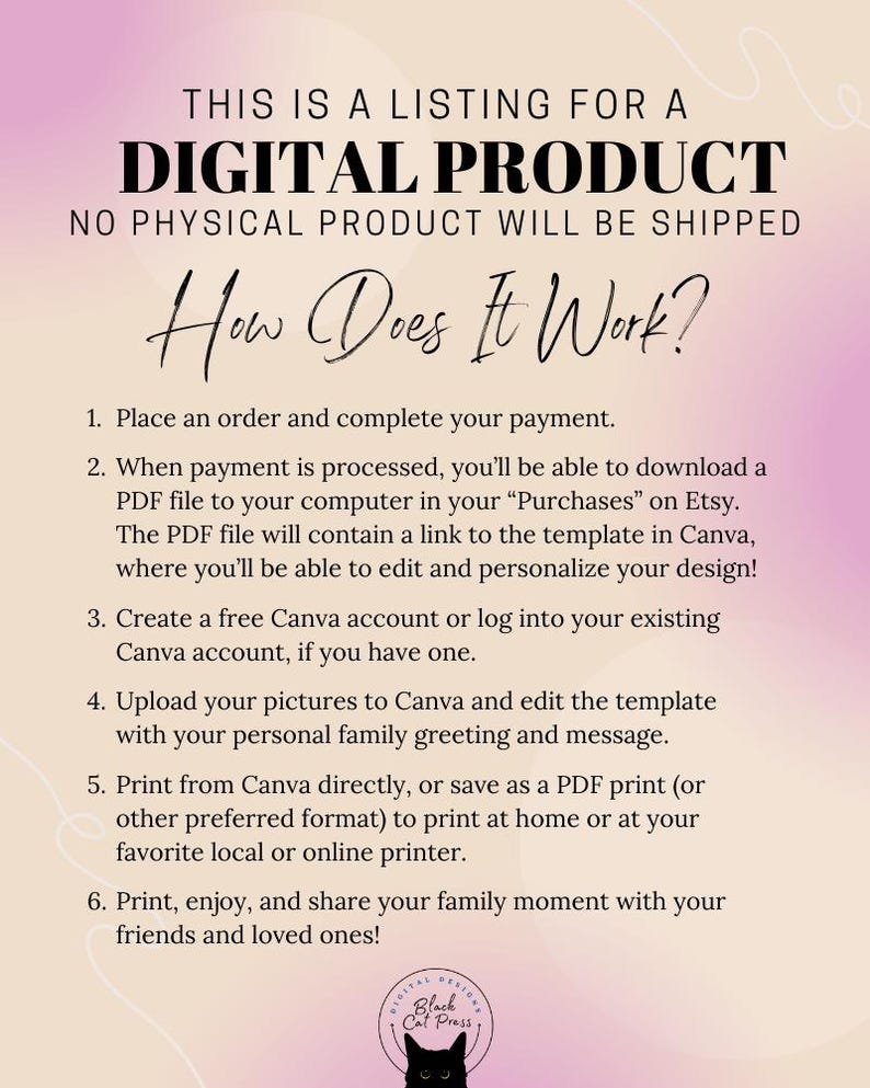 Op de afbeelding: Een digitale productlijst met de tekst "THIS IS A LISTING FOR A DIGITAL PRODUCT" en "How Does It Work?" op een roze en witte achtergrond. Instructies beschrijven hoe je een sjabloon in Canva kunt downloaden en bewerken.
