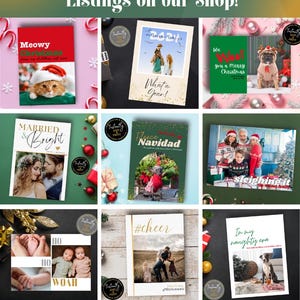 Op de afbeelding: Een collage van vakantiekaarten met verschillende ontwerpen. E&eacute;n kaart toont een kat met een kerstmuts, een andere een familiefoto en andere met feestelijke thema's. Tekst bevat "Meowy Christmas" en "What a Year!"