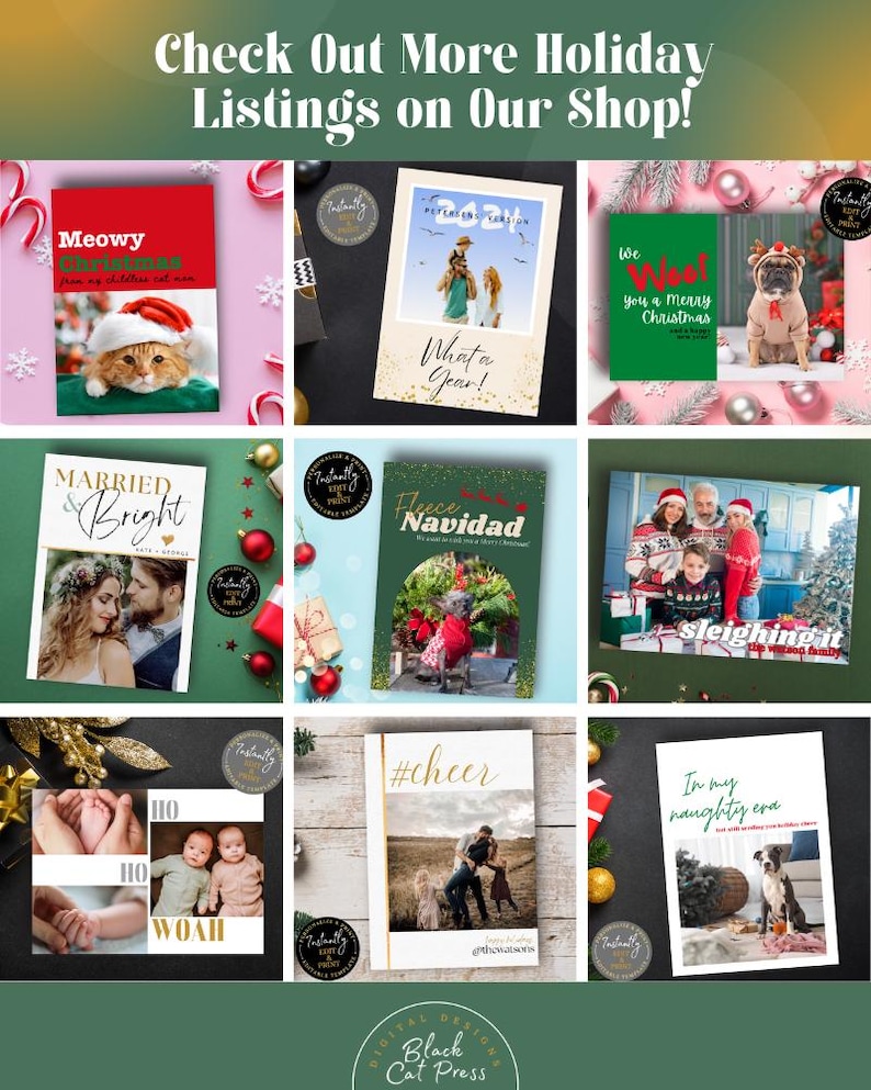Op de afbeelding: Een collage van vakantiekaarten met verschillende ontwerpen. E&eacute;n kaart toont een kat met een kerstmuts, een andere een familiefoto en andere met feestelijke thema's. Tekst bevat "Meowy Christmas" en "What a Year!"