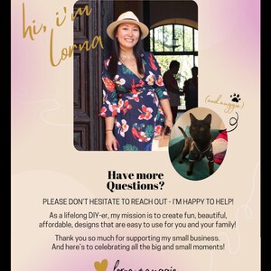 Op de afbeelding: Promotieafbeelding met een vrouw in een bloemenjurk en een kat. Tekst bevat "hi, i'm Lorna" en "Have more Questions?" De afbeelding heeft een roze en gouden kleurenschema, met een hart en de namen "Lorna + Auggie".