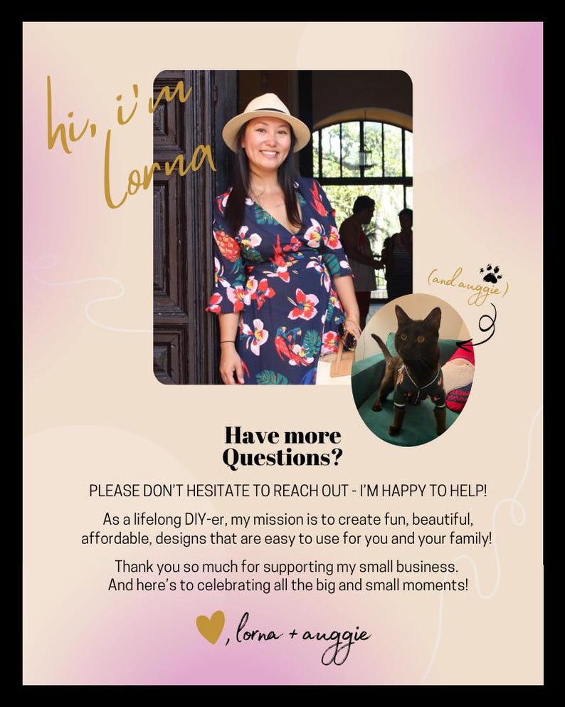 Op de afbeelding: Promotieafbeelding met een vrouw in een bloemenjurk en een kat. Tekst bevat "hi, i'm Lorna" en "Have more Questions?" De afbeelding heeft een roze en gouden kleurenschema, met een hart en de namen "Lorna + Auggie".