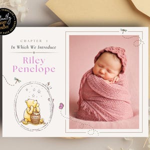 New Baby Announcement Photo Card Template | Winnie the Pooh New Baby Card | Birth Announcement Photo Card | Modern Minimalist Baby Card