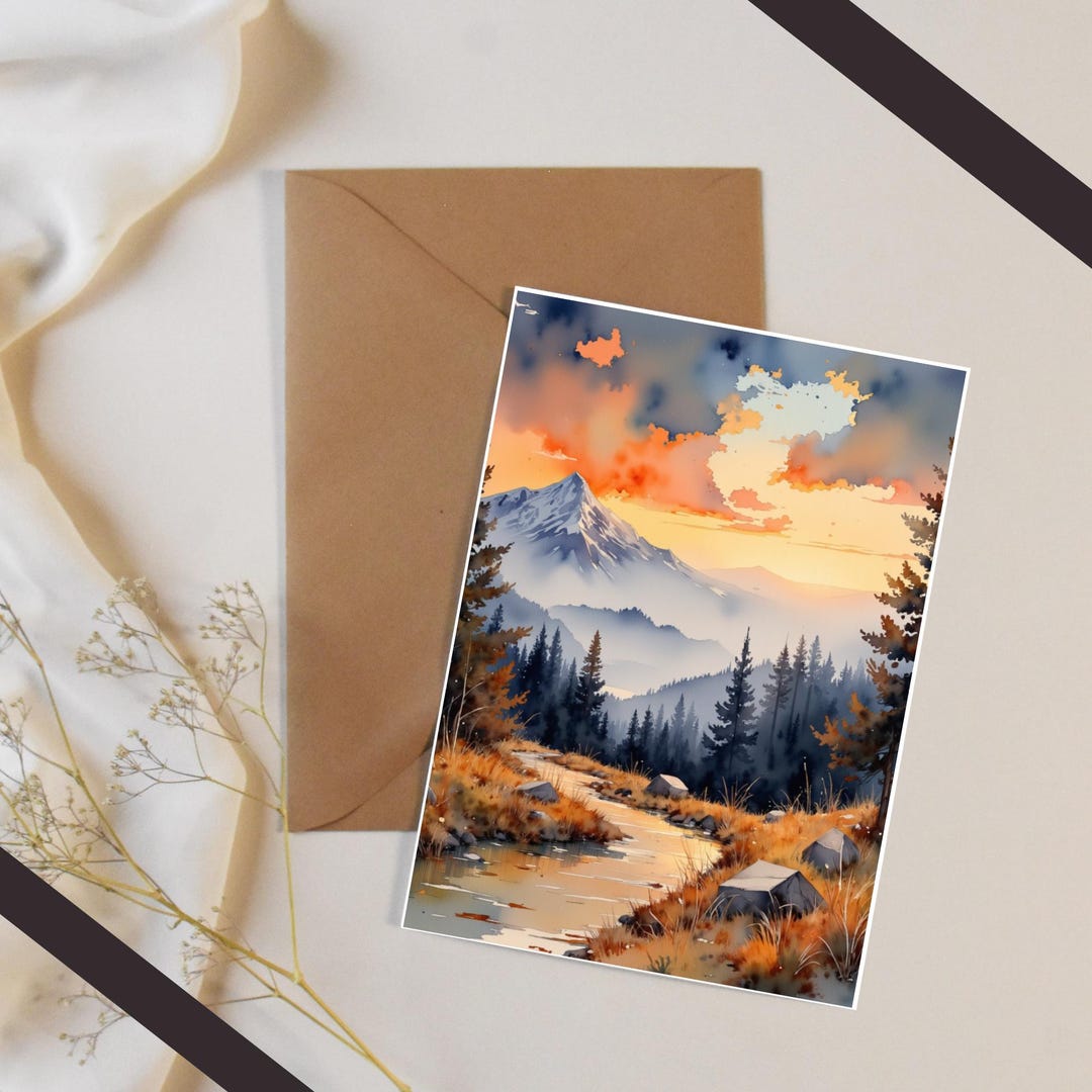 Watercolor Mountain Landscape Greeting Card 5 X 7 Scenic Nature Flat ...