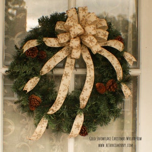 Gold Snowflake Christmas wreath bow Christmas Wreath Bow Glitter Snowflakes wreath bow Christmas bows for wreaths Christmas Tree Topper