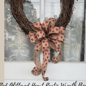 Red Glitter Heart Rustic Wreath Bow, Valentines Day Decor for front door, Valentine&#39;s Bow for Lanterns or Mailboxes