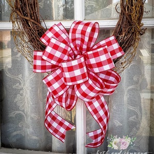 Red and White Buffalo Plaid Wreath Bow Farmhouse Wreath Bow for Valentines Day image 1