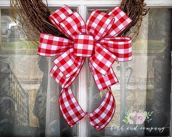 Red and White Buffalo Plaid Valentine Wreath Bow