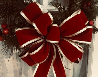 Red Velvet Christmas Bow, Elegant Gold Trim, Holiday Decor