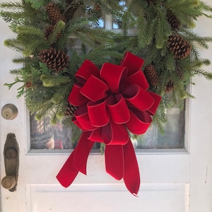 Christmas Bow OUTDOOR Scarlet Red Velvet Christmas wreath bow Weatherproof Christmas Bow 2.5&quot; width wired ribbon Outside Christmas Bows