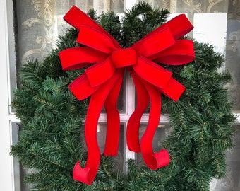 OUTDOOR Weatherproof Red Velvet Christmas wreath bow Narrow Velvet bow with plastic liner Red Outside Christmas Bows for Lamp Fence Post