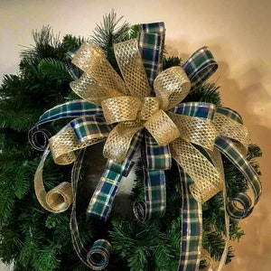 Christmas Bow Navy Blue and Gold Glitter Christmas Wreath Bow Navy and Gold Decoration