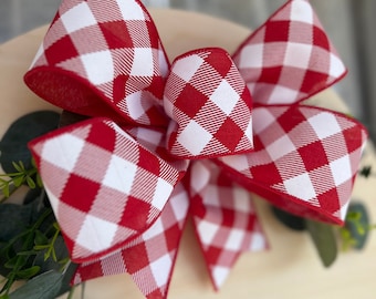 Door Hanger Bow Red and White Diagonal Plaid 10 inch Bow Small Bow for Door Sign