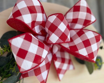 Red and White Plaid Christmas Bow, Door Hanger Decor (10 inch)