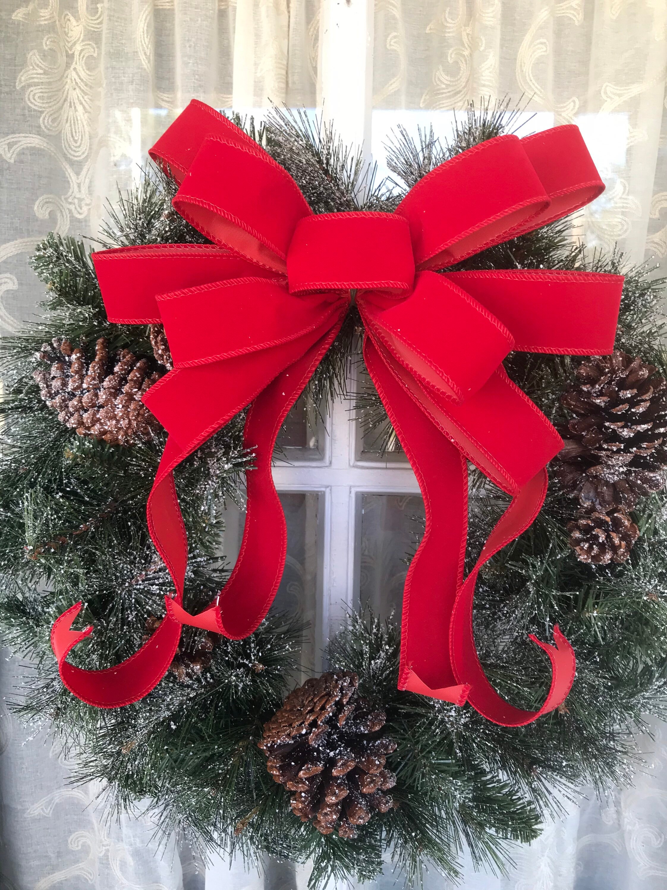 Frosted Christmas Wreath With Red Velvet Bow 24 Flocked Etsy