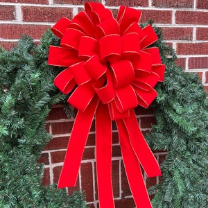 Giant Christmas Bow 18 Inch Red Velvet Outdoor Bow for 36 to 60 Inch Wreath Bow Only Red w/ Gold Trim