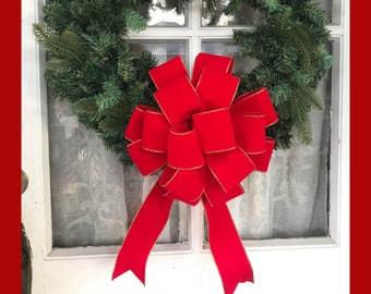 Outdoor Red Velvet Christmas Bow: Gold Trim, Weatherproof Decor