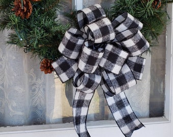 Red and Black or White and Black Brushed Buffalo Plaid Wreath Bow, Winter Bow