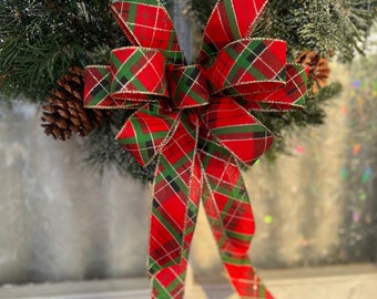 Christmas bow Diagonal Plaid Christmas Wreath Bow Front Porch Decor Red and Green Plaid Christmas Home Decor Lantern Bow